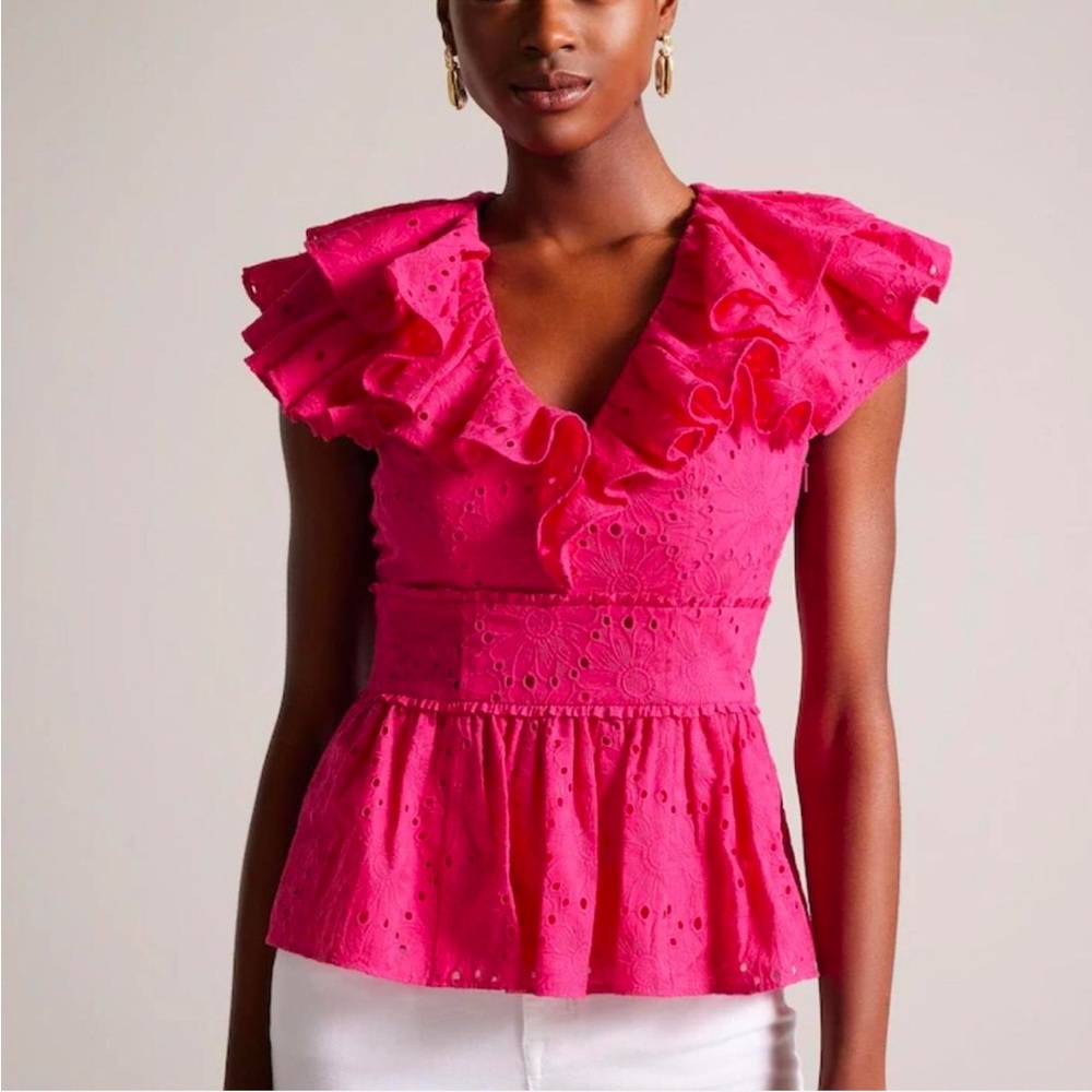 Ted Baker Mazieh Pink Broderie Eyelet  Pink Ruffle V-Neck Top